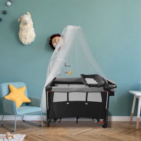 6 In 1 Foldable Baby Crib with Activity Center Diaper Changing Table Mosquito Net Mattress Music Box Toys Storage Tray Baby Bassinet Baby Sleeper