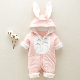 The new cotton padded cotton baby romper thickened chinchilla hooded cotton baby Onesies newborn go climbing clothes (Option: Pink-73cm)