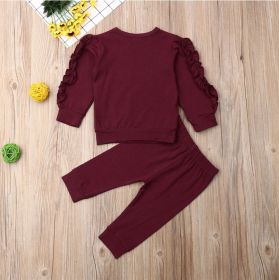 Newborn Baby Boys Girls Ruffles Jumper Solid Long Sleeve Sweatshirt Tops Pants Infant Kids 2Pcs Outfits Clothes Set Fall Clothes (Option: Wine red-80cm)